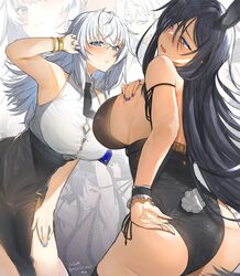  2girls animal_ears armlet armpits ass bare_shoulders belt black_belt black_hair black_legwear black_leotard black_skirt blue_eyes blush bracelet breasts hair_between_eyes highres jewelry leotard long_hair multiple_girls nail_polish neshia_(tsaqif0309) open_mouth original purple_nails rabbit_tail shirt shirt_tucked_in side_slit sideboob skirt sleeveless sleeveless_shirt tail thighhighs thighs white_background white_hair white_shirt wrist_cuffs 