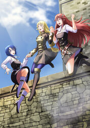  3girls :d alternate_costume boots catria_(fire_emblem) cordelia_(fire_emblem) fire_emblem fire_emblem:_mystery_of_the_emblem fire_emblem:_new_mystery_of_the_emblem fire_emblem:_shadow_dragon fire_emblem:_shadow_dragon_and_the_blade_of_light fire_emblem:_three_houses fire_emblem_awakening fire_emblem_echoes:_shadows_of_valentia fire_emblem_gaiden full_body garreg_mach_monastery_uniform hair_ornament hairpin headband high_heel_boots high_heels highres holding_hands ingrid_brandl_galatea jumping knee_boots multiple_girls open_mouth pantyhose sheath sheathed smile sukkirito_(rangusan) sword weapon wing_hair_ornament 