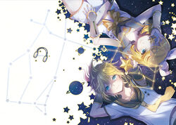  arm_behind_head arm_warmers bare_shoulders black_sailor_collar blonde_hair blue_eyes bow brother_and_sister chinese_commentary collarbone commentary_request constellation covering_one_eye crop_top foreshortening fortissimo gemini_(constellation) gemini_(vocaloid) hahahamu hair_ornament hairbow hairclip highres holding holding_star kagamine_len kagamine_len_(vocaloid4) kagamine_rin kagamine_rin_(vocaloid4) looking_at_viewer lying midriff miniskirt nail_polish navel neckerchief necktie on_back partial_commentary planet sailor_collar school_uniform shirt short_hair short_sleeves siblings silhouette skirt sky smile spiked_hair star_(sky) star_(symbol) starry_sky swept_bangs twins v4x vocaloid white_bow white_shirt white_skirt yellow_nails yellow_neckerchief yellow_necktie 