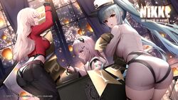  3girls absurdres admi_(nikke) artist_request ass ass_focus blue_hair breasts brown_eyes closed_mouth dress fingerless_gloves fireworks frown garter_straps gloves goddess_of_victory:_nikke happy_new_year highres korean_commentary large_breasts long_hair looking_at_viewer looking_back multiple_girls official_art open_mouth pants privaty_(nikke) shirt sitting teeth thigh_strap triangle_(nikke) twintails white_hair yulha_(nikke) 