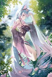  animal_ear_fluff animal_ears ass beyumi black_kimono blue_eyes blue_hair breasts commentary cross-laced_clothes detached_sleeves dress english_commentary female floral_print flower forest gradient_hair green_theme hair_flower hair_ornament highres japanese_clothes kimono large_breasts long_hair looking_at_viewer multicolored_hair nature off-shoulder_dress off_shoulder outdoors pink_hair rope silvervale silvervale_(sakura_goddess) solo tail tassel virtual_youtuber vshojo wading water wolf_ears wolf_girl wolf_tail 