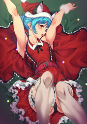  animal_ear_fluff animal_ears armpits arms_up belt blue_cat_(precure) blue_hair breasts cat_ears christmas collarbone commentary commentary_typo female hat highres looking_at_viewer lying medium_breasts on_back open_mouth orange_eyes precure red_belt red_hat red_skirt santa_hat short_hair skirt solo star_twinkle_precure sugarbeat thighhighs white_thighhighs yuni_(precure) 