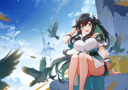  above_clouds absurdres arm_support bird black_hair blue_sky blush breasts chinese_commentary cloud cloudy_sky coat commentary_request dress english_commentary eyelashes feet_out_of_frame female floating_hair floating_island green_eyes green_hair hair_between_eyes hair_ornament hand_on_own_head highres large_breasts legs long_hair long_sleeves looking_at_viewer mixed-language_commentary multicolored_hair off-shoulder_dress off_shoulder open_mouth phiria_(world_flipper) ruins see-through see-through_sleeves shanhai_wuwei_hou sidelocks sitting sky solo thighs two-tone_hair white_coat white_dress world_flipper 