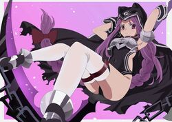  armpits ass black_cape blush cape cloak fate/grand_order fate_(series) female harpe highres hood hooded_cloak kosuda long_hair looking_at_viewer medusa_(fate) medusa_(lancer)_(fate) purple_eyes purple_hair solo unfinished very_long_hair 