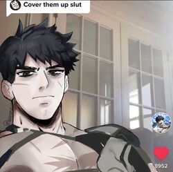  1boy alchemy_stars areolae bad_id bad_twitter_id bara black_hair cover_them_up_slut_(meme) dialogue_box frown heart highres inari_(inariura) indoors large_pectorals looking_at_viewer male_focus meme muscular muscular_male pectoral_focus pectoral_squeeze pectorals pittman_(alchemy_stars) scar scar_on_cheek scar_on_chest scar_on_face short_hair solo tiktok upper_body user_interface 