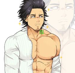  1boy abs bara bare_pectorals black_clover black_hair english_text facial_hair goatee highres i&#039;ll_suck_the_vaccine_out_of_his_tiddy_(meme) kir_(kir_keropi) large_pectorals long_sideburns male_focus mature_male meme muscular muscular_male nipples open_clothes open_shirt parody pectorals projected_inset short_hair sideburns solo sparkle spiked_hair unamused yami_sukehiro 