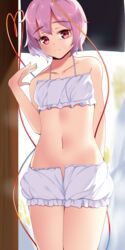  absurdres bra breasts closed_mouth commentary cowboy_shot female frilled_bra frills heart heart_of_string highres komeiji_satori looking_at_viewer mantou_xiang midriff navel pink_hair red_eyes short_hair small_breasts smile solo standing third_eye touhou underwear white_bra 