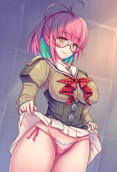  absurdres antenna_hair breasts closed_mouth clothes_lift corset cowboy_shot female glasses green_hair grey_shirt groin highres juliet_sleeves kantai_collection large_breasts long_sleeves multicolored_hair panties pink-framed_eyewear pink_hair pink_panties pleated_skirt puffy_sleeves sailor_collar sailor_shirt shirt short_hair skirt skirt_lift smile solo ume_(kancolle) underwear volk_(bo-tan) white_sailor_collar white_skirt yellow_eyes 