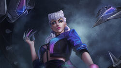  asymmetrical_bangs between_breasts black_choker black_skirt bracelet breasts choker claw_(weapon) closed_mouth cone_hair_bun cropped_jacket dark_background drop_earrings earrings evelynn_(league_of_legends) eyeshadow female from_below hair_bun highres jacket jewelry k/da_(league_of_legends) k/da_all_out_evelynn league_of_legends long_hair looking_at_viewer makeup medium_breasts open_clothes open_jacket pink_lips purple_eyeshadow purple_jacket revealing_clothes sewaqui skirt slit_pupils solo splashing strap_between_breasts twitter_username upper_body weapon white_hair yellow_eyes 