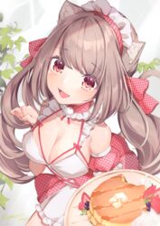  :d absurdres animal_ears bow breasts brown_hair butter cat_ears cleavage detached_sleeves female food fruit hairband hairbow highres holding holding_plate looking_at_viewer maid medium_breasts open_mouth original pancake paru_(parucom) paw_pose plate red_bow red_eyes red_hairband red_skirt school_uniform skirt smile solo strawberry uniform 