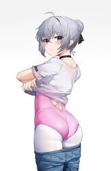  ahoge ass black_choker black_ribbon blush breasts bronya_zaychik choker closed_mouth clothes_lift clothes_pull cowboy_shot denim female from_behind ginklaga grey_eyes grey_hair hair_bun hair_ribbon highres honkai_(series) honkai_impact_3rd jeans leotard leotard_under_clothes lifting_own_clothes looking_at_viewer looking_back pants pants_pull pantyhose pantyhose_under_trousers pink_leotard ribbon shirt_lift short_hair short_sleeves simple_background single_hair_bun small_breasts solo undressing white_background white_pantyhose 