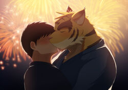  2023 absurd_res anthro asian_clothing blush brown_body brown_fur brown_stripes closed_eyes clothing colored duo east_asian_clothing felid fireworks fur hi_res hiroyuki_(morenatsu) human human_on_anthro interspecies japanese_clothing kimono kissing larger_anthro larger_male male male/male mammal morenatsu multicolored_body multicolored_fur muscular muscular_anthro muscular_male night pantherine pecs romantic romantic_couple ry_o size_difference smaller_human smaller_male striped_body striped_fur stripes tan_body tan_fur tiger torahiko_(morenatsu) yellow_body yellow_fur 