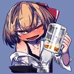  alcohol awa_(bihidasu) beer beer_mug black_bra blue_background blush bow bra commentary cup drooling drunk full-face_blush hairbow looking_at_viewer medium_hair mug open_mouth purple_eyes red_bow rumia shirt simple_background single_bare_shoulder squinting symbol-only_commentary touhou underwear white_shirt 