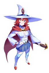  blue_skirt blue_thighhighs breasts bright_pupils cape choker closed_mouth commentary_request detached_sleeves female full_body hand_on_own_hip hat highres holding little_witch_academia long_sleeves looking_at_viewer medium_breasts photoshop_(medium) pleated_skirt red_cape red_eyes red_hair ruukii_drift shiny_chariot simple_background skirt smile solo standing thighhighs vest wand white_background white_hat witch_hat 