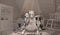  absurdres attic barefoot bed black_ribbon blood blunt_bangs book border_collie bottle canine chains chair child&#039;s_drawing commentary cupboard dalmatian day dress expressionless female frilled_shirt_collar frills full_body grey_eyes halo highres indoors light_rays long_dress long_hair long_sleeves looking_at_viewer mirror multicolored_hair namuta neck_ribbon on_floor original pale_skin pointy_ears ribbon rocking_chair sitting solo streaked_hair sunlight white_dress white_hair white_theme 