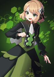  :d ascot black_ribbon blonde_hair blush clenched_hand commentary_request dress eyelashes female green_eyes hair_ornament hair_ribbon highres long_sleeves moegi_itsukashi official_alternate_costume open_mouth pokemon pokemon_masters_ex ribbon serena_(pokemon) serena_(sygna_suit)_(pokemon) short_hair smile solo tongue white_ascot 