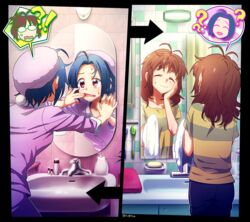  !? 2girls ? ^_^ ahoge akizuki_ritsuko antenna_hair bathroom body_switch closed_eyes commentary_request hand_on_own_cheek hand_on_own_face idolmaster idolmaster_(classic) indoors korean_commentary looking_at_mirror mirror miura_azusa multiple_girls nightea pajamas personality_switch reflection speech_bubble sweatdrop tile_wall tiles 