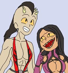  bikini black_eyes black_hair breasts cleavage clothed clothing draco_shokan duo female hair horn human humanoid hybrid low_res mammal mileena mortal_kombat multi_limb not_furry one-piece_swimsuit open_mouth orange_sclera sharp_teeth sheeva shokan sling_bikini swimwear tarkatan teeth unknown_artist 