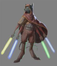  anthro blue_lightsaber canid canine canis cloak clothing cybernetics cyborg domestic_dog green_lightsaber grey_background hood hood_up jedi lightsaber machine male mammal melee_weapon multi_arm multi_limb multi_wielding orion_(nickatorimi) robot simple_background solo star_wars stealthnachos weapon yellow_lightsaber 