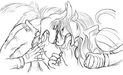  2016 anthro canid canine clothed clothing dragon duo fight fox fur gloves hair handwear horn humanoid_pointy_ears jacket kalnareff kalnareff_(character) long_hair male male/male mammal monochrome mythological_creature mythological_scalie mythology open_mouth scales scalie sharp_teeth side_view simple_background teeth tongue tongue_out topwear white_background 