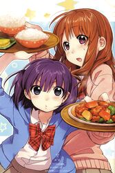  2girls blouse blue_shirt blush bow bowl bowtie brown_hair brown_skirt collared_shirt food highres holding holding_tray kawai_makoto koufuku_graffiti long_sleeves looking_at_viewer machiko_ryou morino_kirin multiple_girls open_clothes open_mouth open_shirt pink_eyes pink_sweater plaid plaid_bow plaid_bowtie plate pleated_skirt purple_hair red_bow red_bowtie rice rice_bowl school_uniform shirt short_hair short_twintails skirt star_(symbol) sweater tray twintails vegetable white_shirt wing_collar wooden_tray 