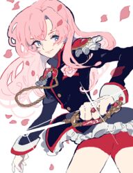  aiguillette bad_drawr_id bad_id bike_shorts female flower jewelry long_hair oekaki petals pikaro pink_hair ring rose shoujo_kakumei_utena solo sword tenjou_utena weapon 