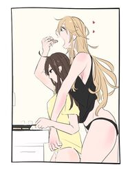  2girls ahoge aos black_panties black_shirt blonde_hair blue_eyes breakfast breasts commentary_request eating feeding height_difference iowa_(kancolle) kantai_collection kongou_(kancolle) large_breasts long_hair loose_clothes multiple_girls open_mouth panties shirt size_difference t-shirt tall_female underwear white_panties yellow_shirt yuri 