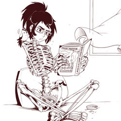  animal animal_on_shoulder bird bird_nest black_hair bone book commentary_request crossed_legs curtains egg female gammatelier glasses indoors monochrome monster_girl original pillow ponytail reading ribs skeleton upside-down_book window 