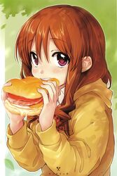  blush bow bowtie bread brown_hair cheese collar eating egg female fingernails food hair_between_eyes highres holding holding_food hood hood_down hoodie kawai_makoto koufuku_graffiti long_hair long_sleeves looking_at_viewer machiko_ryou meat open_mouth pink_eyes plaid plaid_bow plaid_bowtie red_bow red_bowtie sandwich school_uniform solo sweater teeth tomato upper_body white_collar wing_collar yellow_sweater 