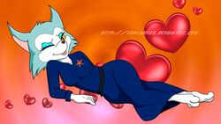  3_toes anthro arctic_fox barefoot biped breasts canid canine carmen_(patrol_03) clothed clothing feet female fox looking_at_viewer mammal one_eye_closed patrol_03 smile solo toes tongue tongue_out true_fox unknown_artist wink 