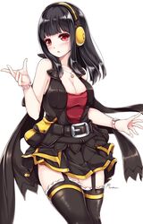  :o bad_id bad_twitter_id bare_shoulders beatmania_iidx belt belt_buckle black_hair black_skirt black_thighhighs black_vest blunt_bangs blush bracelet breasts buckle cleavage commentary cowboy_shot female garter_straps headphones highres hinazuki_ririna jewelry large_breasts long_hair looking_at_viewer maremay0513 necklace red_eyes sidelocks simple_background skirt sleeveless solo thighhighs vest watch white_background wristwatch 