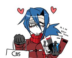  artist_name bag bespectacled blue_hair blush book coat commentary_request dated eyepatch female glasses gloves heart long_hair mask mouth_mask nyoro_mutou otaku ponytail shopping_bag skullgirls solo spoken_heart surgical_mask turtleneck valentine_(skullgirls) winter_clothes winter_coat 