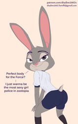  absurd_res anthro camel_toe clothed clothing dialogue digital_media_(artwork) disney english_text female hi_res judy_hopps lagomorph leporid looking_at_viewer looking_back mammal pink_nose pose purple_eyes rabbit rear_view seductive shadow2007x simple_background smile solo standing text url zootopia 