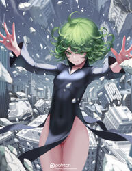  &gt;:) ahoge ass_visible_through_thighs black_dress breasts building covered_navel cowboy_shot curly_hair debris dress female green_eyes green_hair groin half-closed_eyes letdie1414 long_sleeves no_panties one-punch_man outstretched_arms patreon_username pelvic_curtain photoshop_(medium) realistic short_hair skirt sky small_breasts smile tatsumaki telekinesis thigh_gap v-shaped_eyebrows wide_sleeves wind wind_lift 