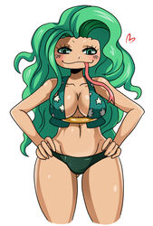  amazon amazon_lily bikini boa_sandersonia breasts eric_lowery female female green_eyes green_hair large_breasts long_hair navel one_piece simple_background smile solo swimsuit tongue underwear very_long_hair white_background 