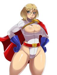  blonde_hair blush breasts bursting_breasts cape cleavage cleavage_cutout curvy dc_comics eric_lowery female female gloves highleg highleg_leotard kryptonian large_breasts leotard looking_at_viewer parted_lips power_girl red_cape short_hair simple_background solo standing superhero sweat thick_thighs white_background wide_hips 