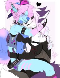  2019 5_fingers akukun alternative_fashion anthro anthro_on_anthro black_nose blue_body blue_fur blue_nose breasts canid canine canis clothed clothing digital_media_(artwork) duo female female/female fingers fur hair kolae_(character) mammal navel pink_hair scene_(fashion) scene_haircut simple_background smile sparklefur wolf wolflady 