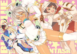  &gt;_&lt; 3girls blade_(galaxist) blazblue blazblue:_chronophantasma blue_eyes blush bullet_(blazblue) closed_eyes cosplay dark-skinned_female dark_skin kaka_kittens long_hair makoto_nanaya mu-12 multiple_girls official_art panties platinum_the_trinity platinum_the_trinity_(cosplay) taokaka taokaka_(cosplay) tears underwear 