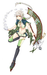  asymmetrical_hair bad_id bad_pixiv_id braid breasts cleavage_cutout clothing_cutout cloud_print female green_thighhighs hair_ornament jitome kantai_collection large_breasts long_hair looking_at_viewer midriff navel shikigami short_sleeves simple_background single_braid solo sw_(2311550438) thighhighs unryuu_(kancolle) very_long_hair wavy_hair white_hair yellow_eyes zettai_ryouiki 