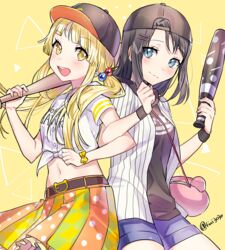  2girls :d animal_bag bag bang_dream! baseball_bat baseball_cap belt belt_buckle black_belt black_hair black_hat black_shirt blonde_hair blue_eyes blue_shorts blush breasts buckle closed_mouth clothes_writing commentary_request dress_shirt hair_bobbles hair_ornament hairclip handbag hat holding holding_baseball_bat jacket long_hair looking_at_viewer midriff multicolored_clothes multicolored_skirt multiple_girls navel okusawa_misaki open_clothes open_jacket open_mouth pleated_skirt shirt short_shorts short_sleeves shorts shoulder_bag skirt small_breasts smile striped_clothes striped_jacket tied_shirt tiny_(tini3030) tsurumaki_kokoro twitter_username vertical-striped_clothes vertical-striped_jacket very_long_hair white_jacket white_shirt yellow_eyes 