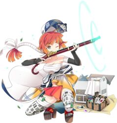  antique_firearm elbow_gloves female fingerless_gloves firelock flintlock full_body gloves gun hat kamaboko_red official_art one_eye_closed oshiro_project:re ponytail red_eyes red_hair sarashi solo thighhighs toyama_(oshiro_project) transparent_background weapon 