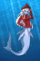  blue_skin colored_skin commentary_request female gammatelier gills gloves hand_on_own_hip hat kneeless_mermaid long_hair mermaid military military_hat military_uniform monster_girl original peaked_cap photoshop_(medium) pointy_ears shark_girl sharp_teeth submerged teeth underwater uniform white_hair yellow_eyes 