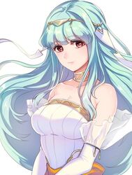  bare_shoulders blue_hair breasts bride cleavage commentary_request dress elbow_gloves female fire_emblem fire_emblem:_the_blazing_blade fire_emblem_heroes formal gloves hair_ornament jewelry kokouno_oyazi large_breasts long_hair looking_at_viewer necklace ninian_(bridal)_(fire_emblem) ninian_(fire_emblem) red_eyes sidelocks simple_background smile solo strapless strapless_dress wedding_dress white_dress white_gloves 