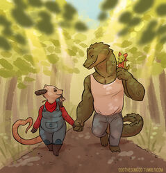  alligator alligatorid american_opossum anthro bandana clothing crocodilian detailed_background duo_focus female forest gloria group hand_holding kerchief lily_opossum lolicon male mammal marsupial mother_(lore) outside overalls parent_(lore) plant poppy_opossum poppy_opossum_(character) reptile scalie tree unknown_artist virginia_opossum young 