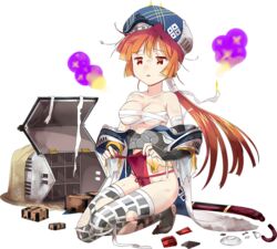  antique_firearm broken broken_weapon female firelock flintlock full_body gun hat kamaboko_red looking_at_viewer official_art oshiro_project:re ponytail red_eyes red_hair sarashi seiza sitting smoke solo thighhighs torn_clothes torn_hat torn_thighhighs toyama_(oshiro_project) transparent_background weapon 