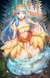  ;d aqua_hair artist_name bad_id bad_pixiv_id bare_shoulders breasts bridal_gauntlets bride cleavage covered_navel dress female fire_emblem fire_emblem:_the_blazing_blade fire_emblem_heroes full_body hair_ornament large_breasts long_hair ninian_(bridal)_(fire_emblem) ninian_(fire_emblem) one_eye_closed open_mouth partially_submerged red_eyes sidelocks signature skirt_hold smile solo standing streyah wading wedding_dress 