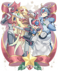  3boys android axl bell blonde_hair blue_eyes bow brown_hair candy candy_cane capcom christmas closed_eyes closed_mouth crossed_arms energy_tank food green_eyes hat helmet male_focus merry_christmas multiple_boys open_mouth reindeer_hair_ornament ribbon rockman rockman_x sack santa_hat smile star tsubasuke zero_(rockman) 