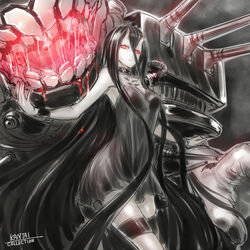  abyssal_ship battleship_princess black_dress black_hair commentary_request dress female glowing highres horns kantai_collection long_hair looking_at_viewer misawa_kei monster pale_skin red_eyes short_dress skin-covered_horns very_long_hair 