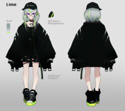  absurdres bare_legs black_choker black_dress black_footwear black_jacket choker commentary dress female glasses green_hair grey_background highres jacket kobayuu lime_(vtuber) looking_at_viewer multicolored_hair oversized_clothes pixiv&#039;s_virtual_youtuber_audition purple_eyes reference_sheet shoes sneakers virtual_youtuber wright_flyer_live_entertainment 