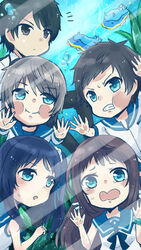  2girls 3boys against_glass black_eyes black_hair blue_eyes blue_hair brown_hair chibi commentary_request dress grey_hair hiradaira_chisaki isaki_kaname kihara_tsumugu long_hair mukaido_manaka multiple_boys multiple_girls nagi_no_asukara nami_junior_high_school_uniform photoshop_(medium) sailor_dress sakishima_hikari school_uniform sea_slug serafuku short_hair side_ponytail tomori_chia underwater 